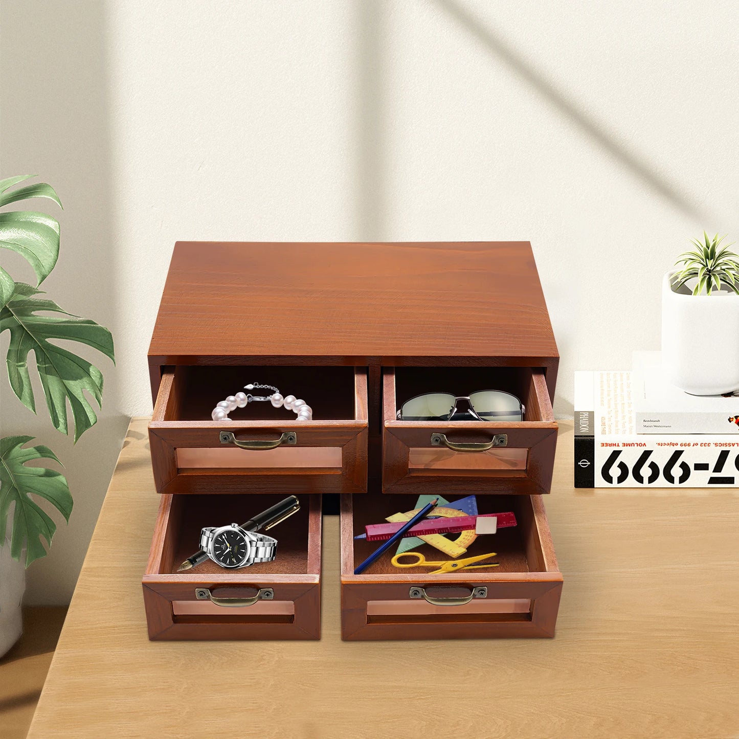 Bymaocar 4 Drawer Retro Desktop Organizer Wood Storage Box