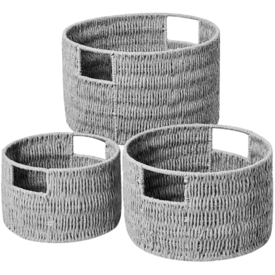Wicker Storage Basket Set 3 Pack Handwoven Rope Baskets With Handles