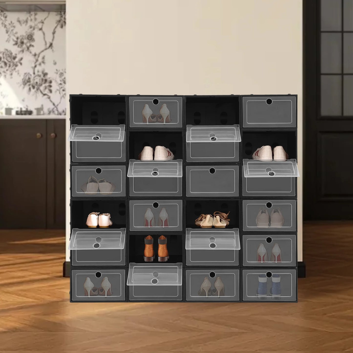 24 Pack Flip Top Shoe Boxes Stackable Closet Organizer For Shoes