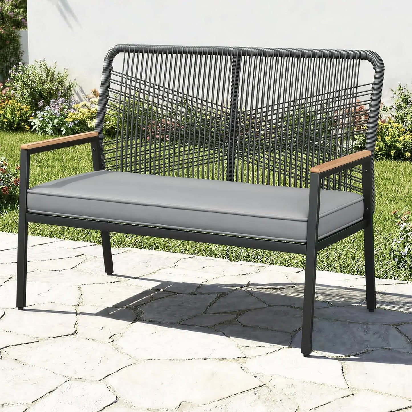 Outdoor 2 Seat Patio Bench Rattan Loveseat Curved Backrest Cushions