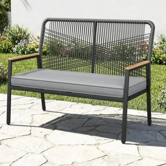 Outdoor 2 Seat Patio Bench Rattan Loveseat Curved Backrest Cushions