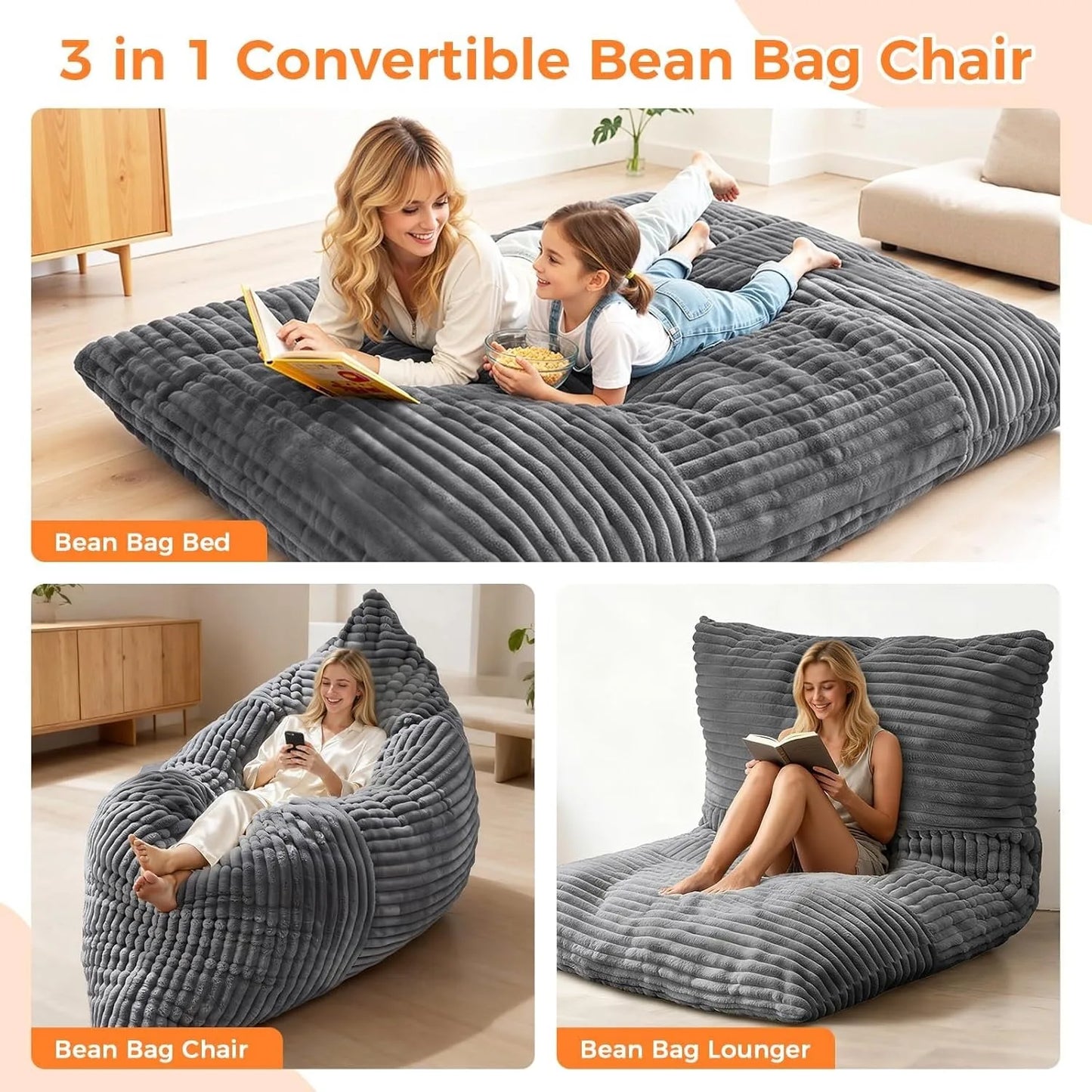 Three In One Convertible Bean Bag Chair Bed Memory Foam