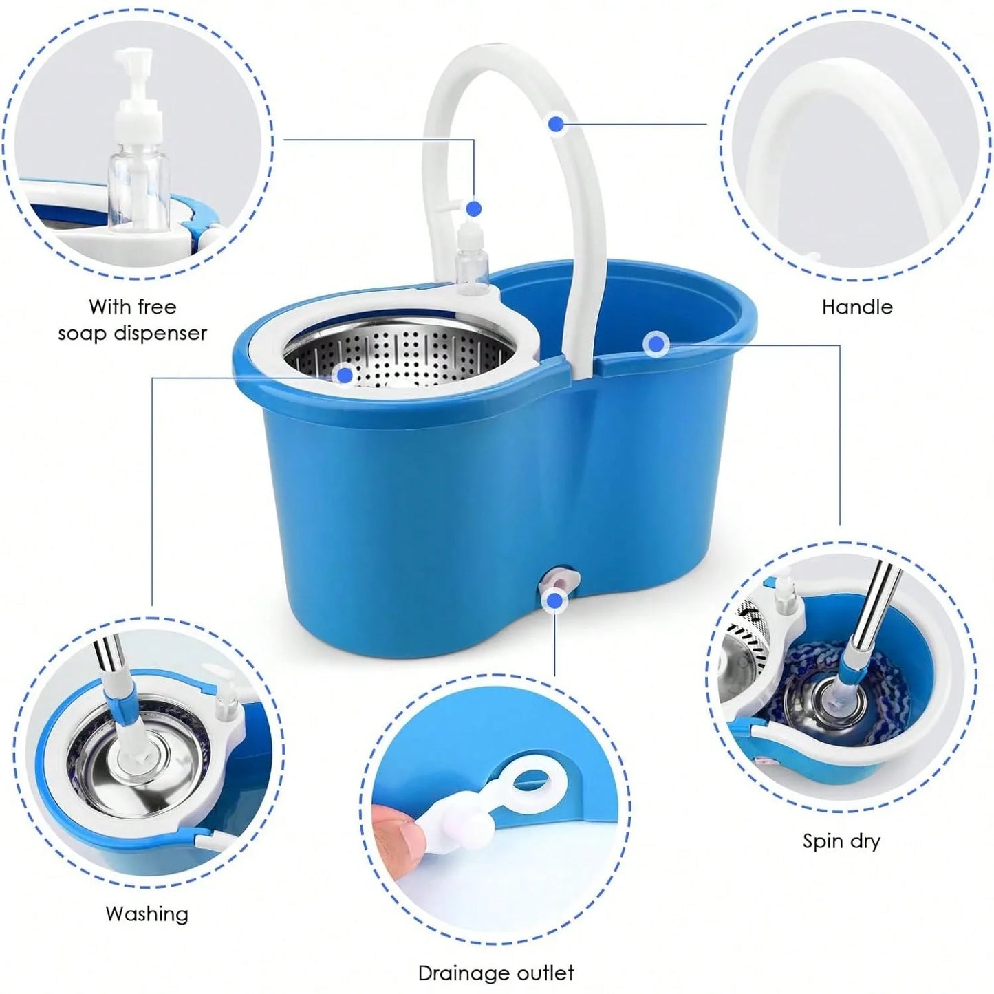 ATMDOG Spin Mop Bucket Set With Soap Dispenser Microfiber Heads