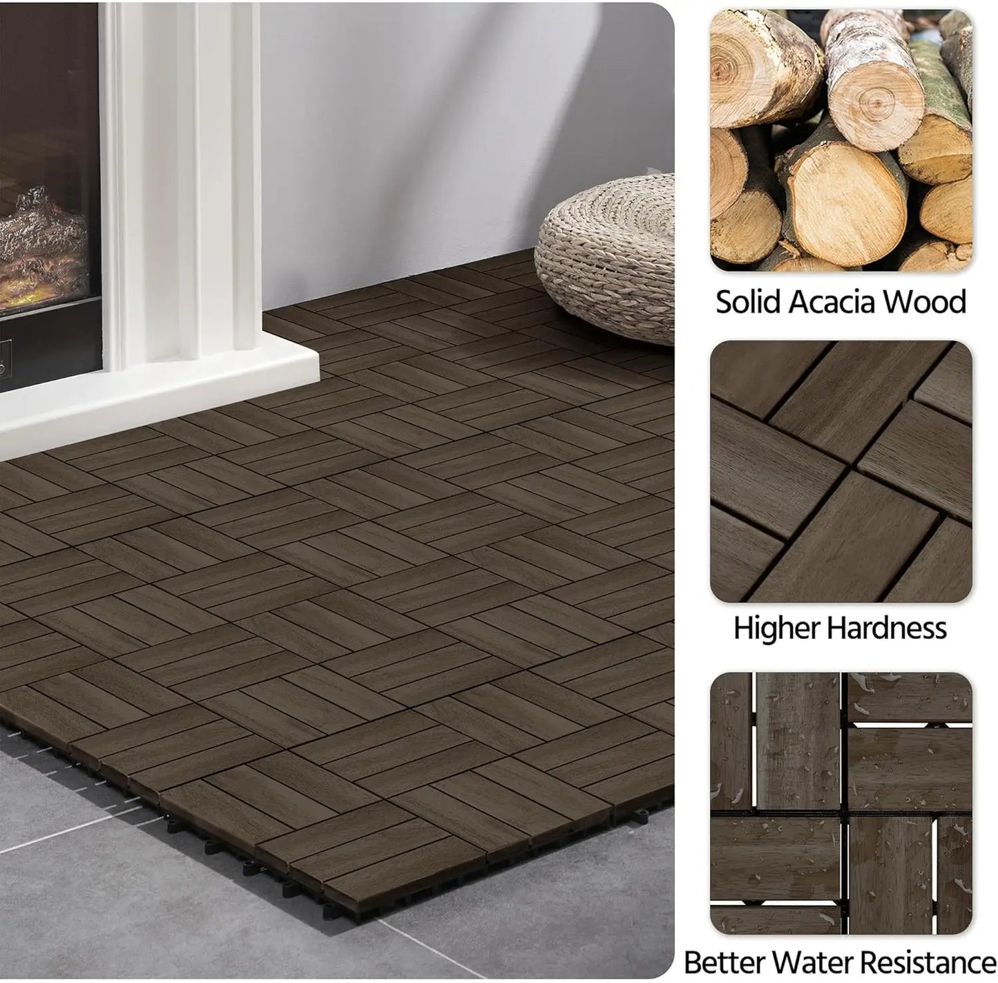 XMSJ Hardwood Interlocking Deck Tiles Acacia Waterproof Patio Flooring