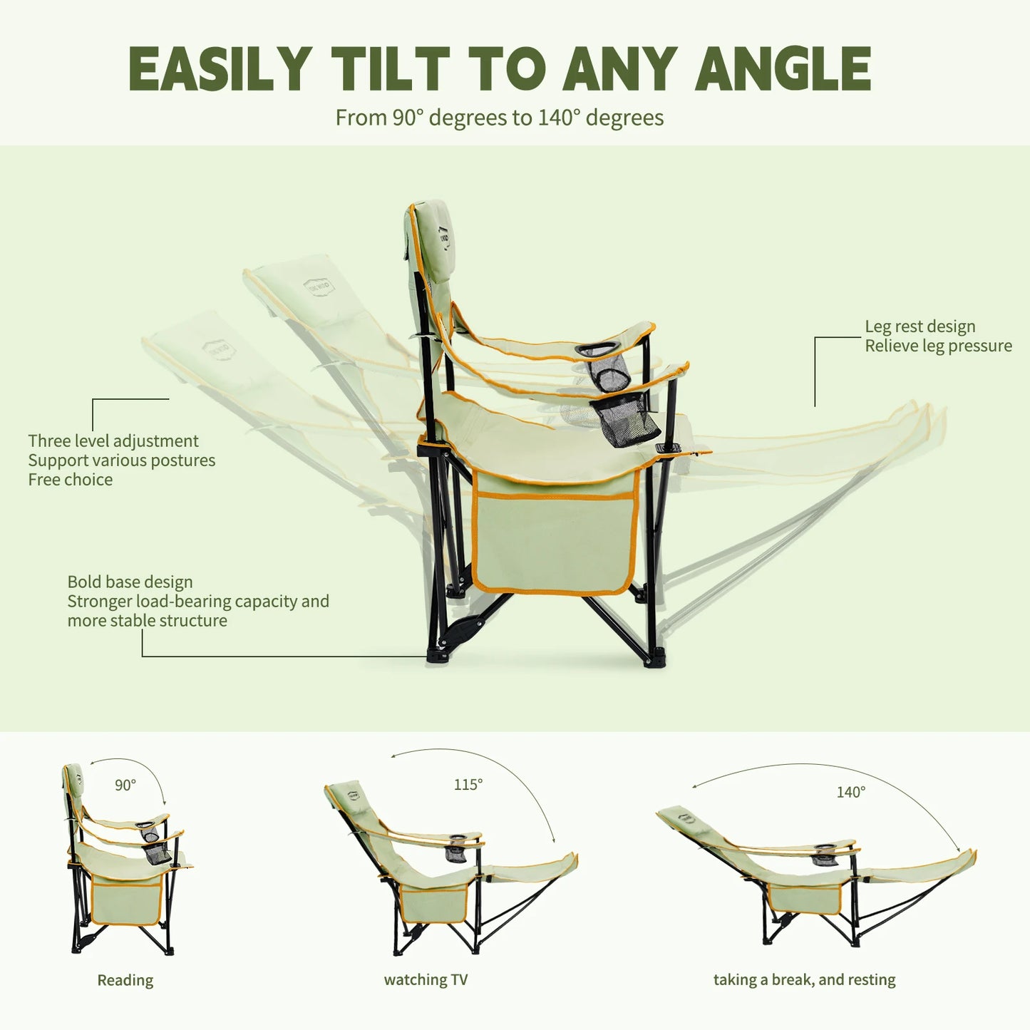 GERC Foldable 2-In-1 Reclining Camping Chair With Footrest Cup Holder