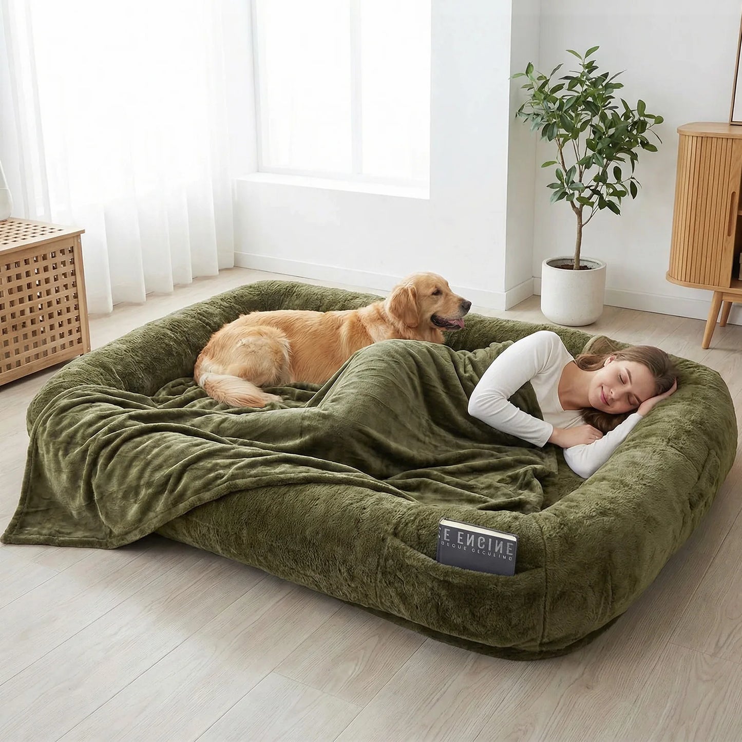 Plush Faux Fur Dog Bed With Washable Cover And Soft Blanket
