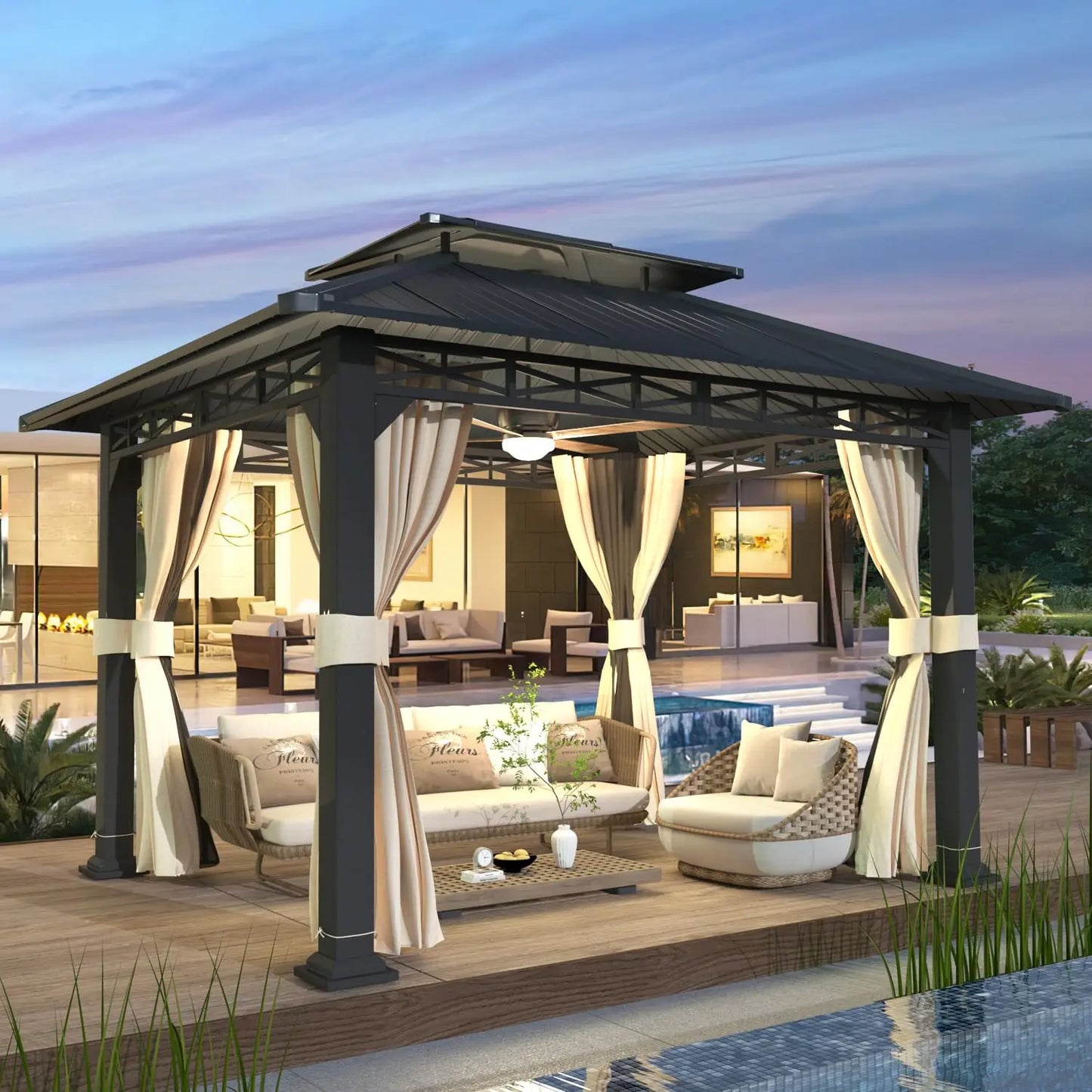 Galvanized Steel Double Roof Gazebo With Curtains And Netting Sunshade