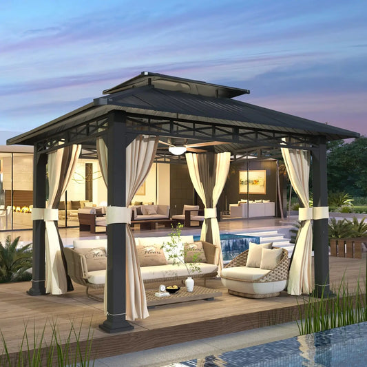 Galvanized Steel Double Roof Gazebo With Curtains And Netting Sunshade