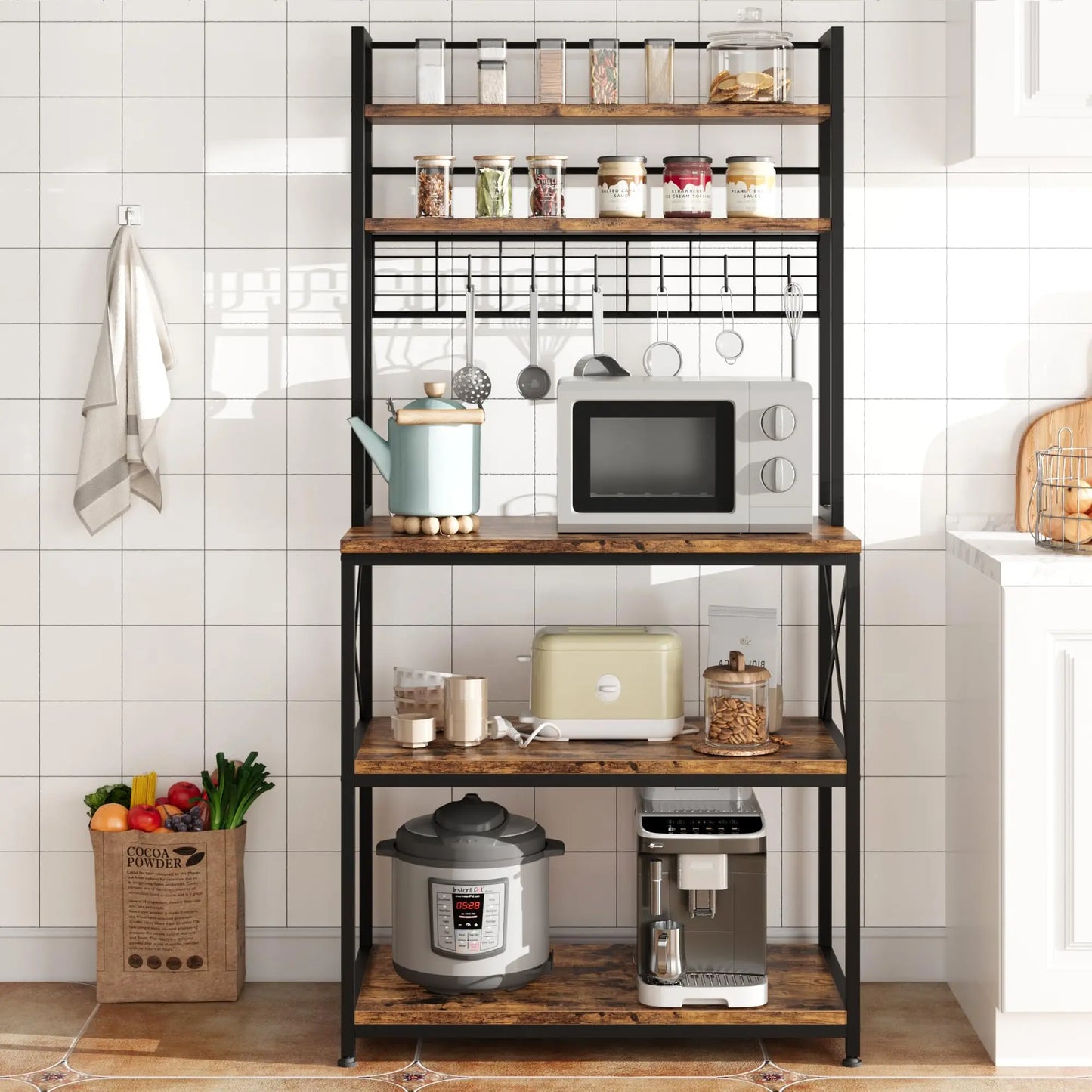 Microwave 5 Tier Standing Kitchen Shelf With 6 Hooks