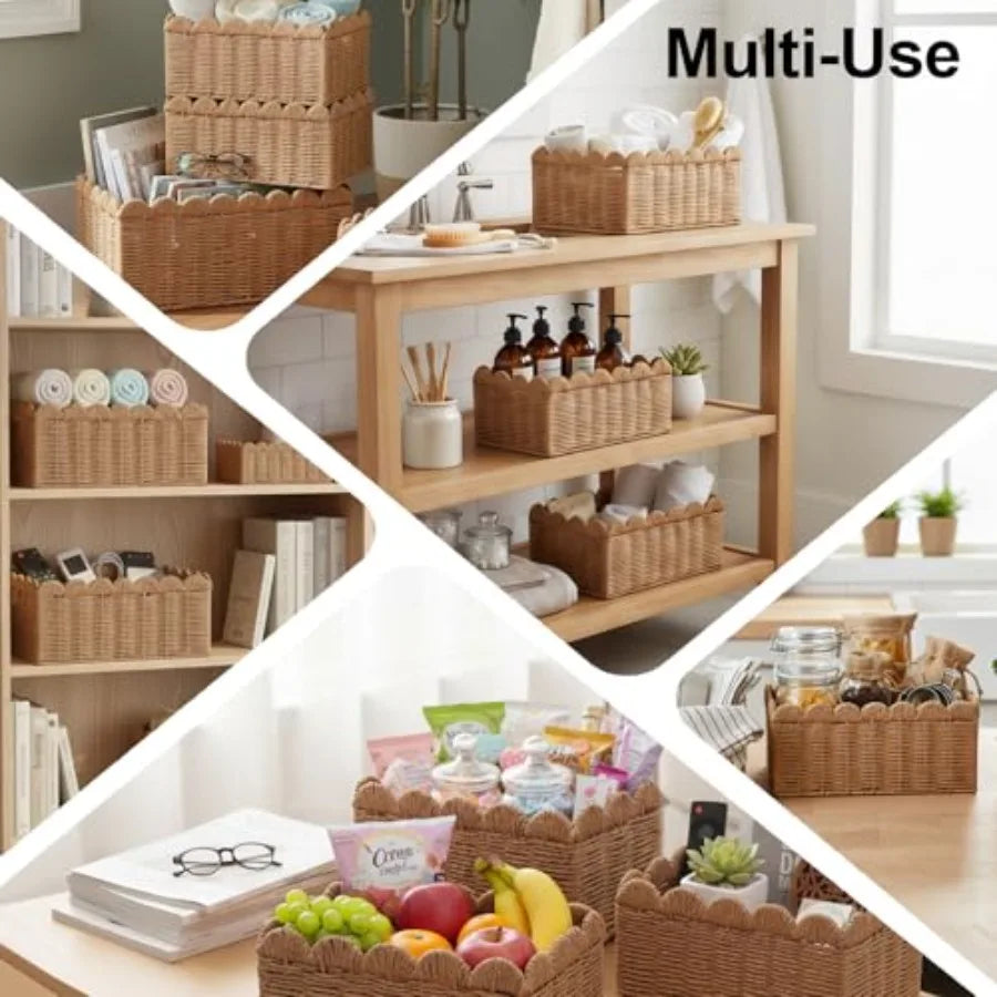 Wicker Baskets for Organizing Scalloped Handwoven Storage Cubes