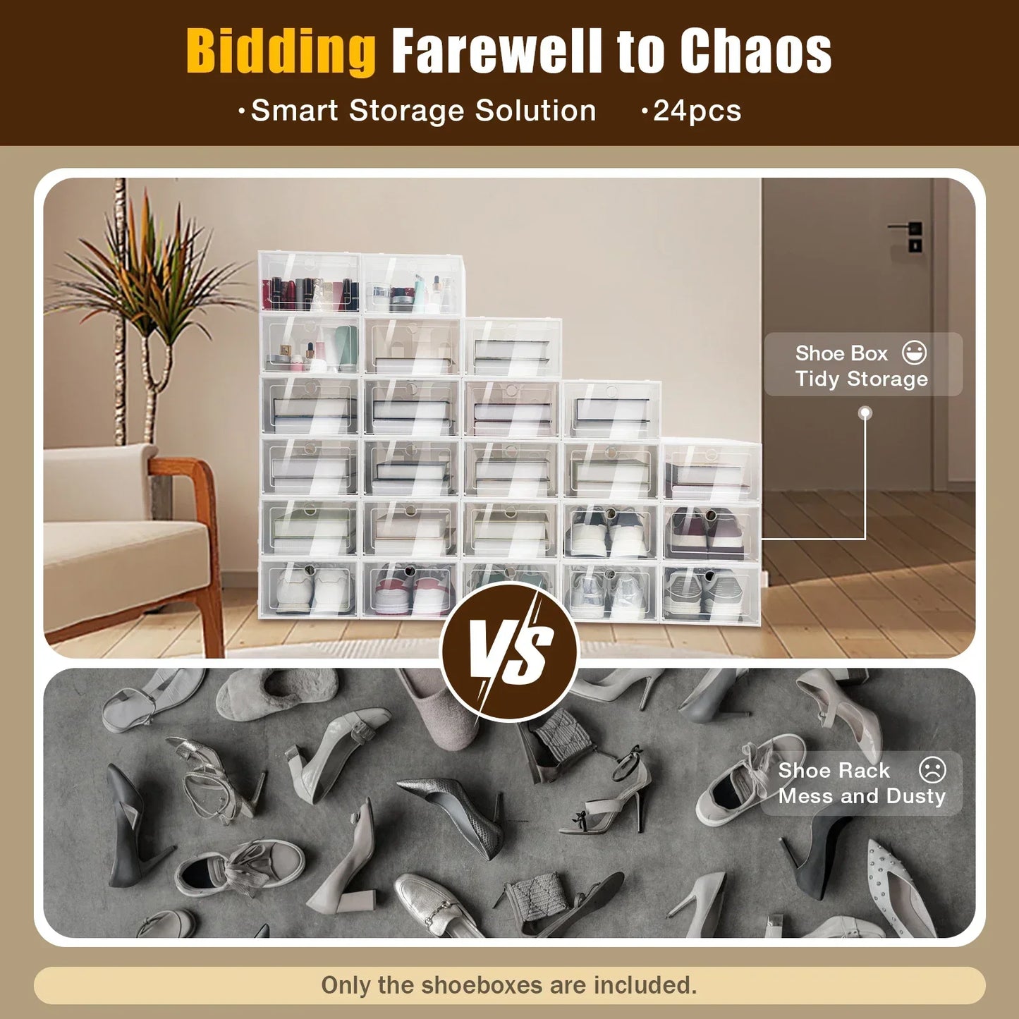 24 Pack Plastic Shoe Storage Boxes With Clear Lid Waterproof Foldable Organizer