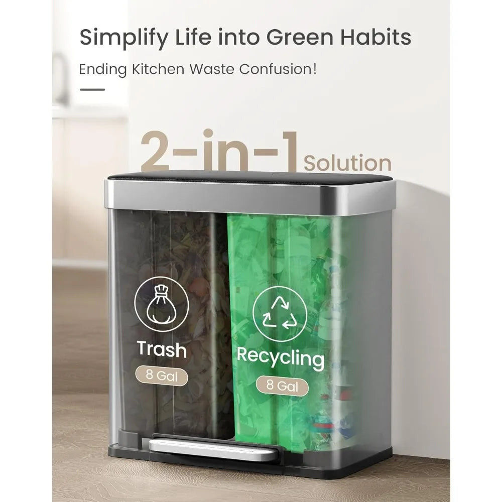 Kitchen Dual Compartment Trash And Recycle Bin With Stainless Steel
