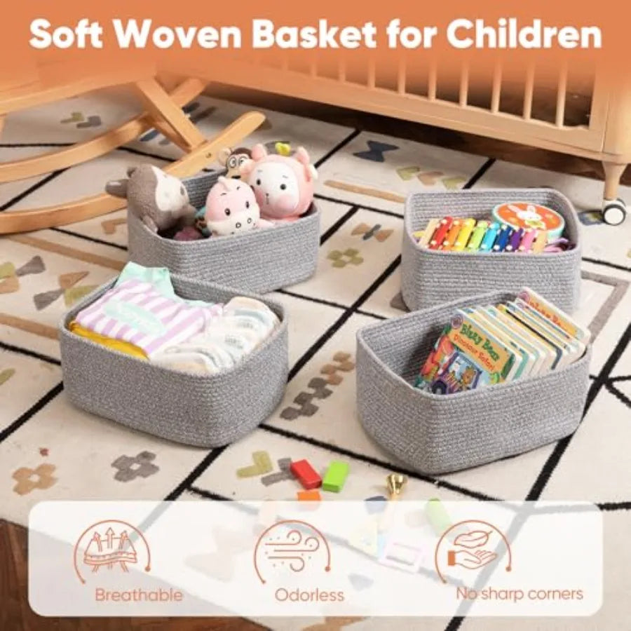 4 Pack Bamboo Woven Rope Storage Baskets for Shelves