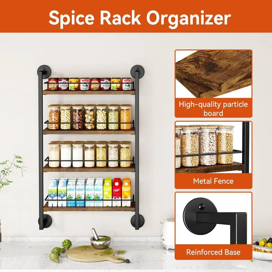 Wall Mount Spice Rack 4 Tier Organizer Holds 50 Jars