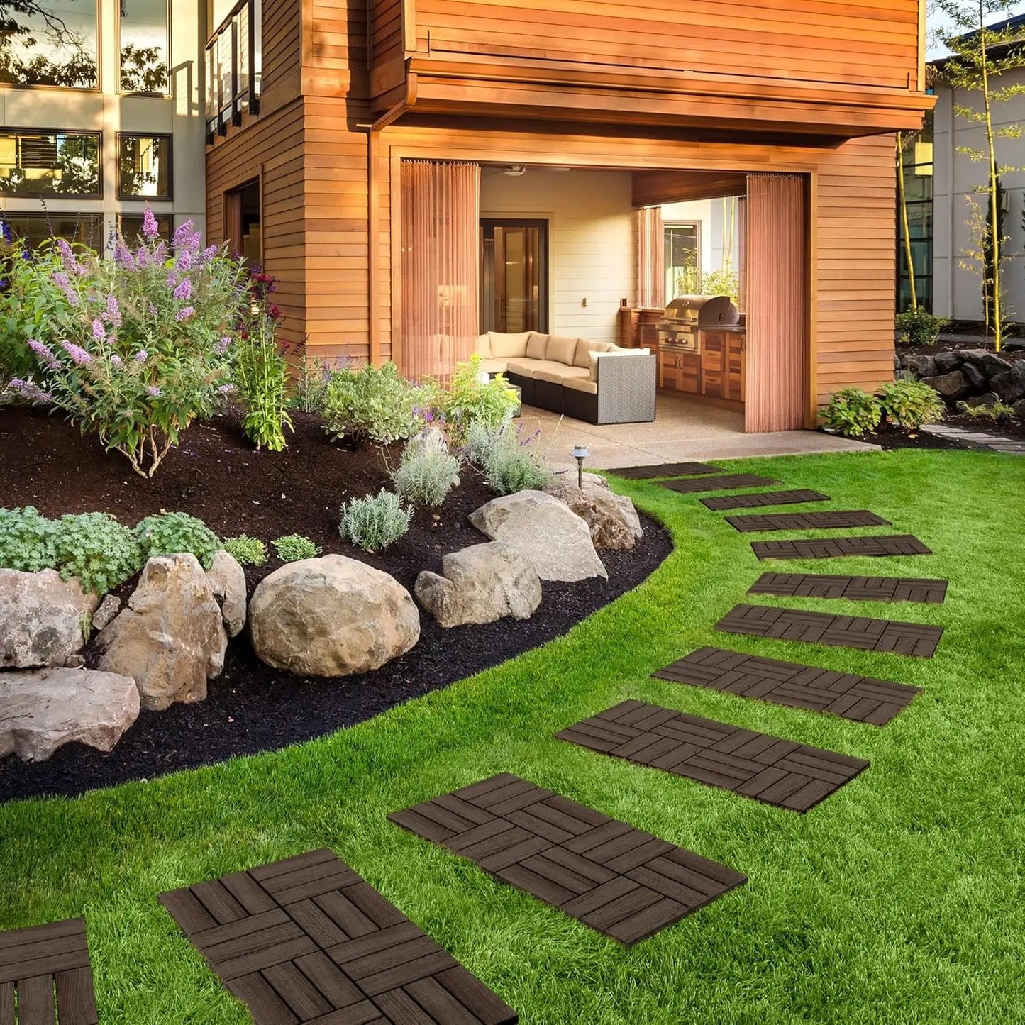 XMSJ Hardwood Interlocking Deck Tiles Acacia Waterproof Patio Flooring