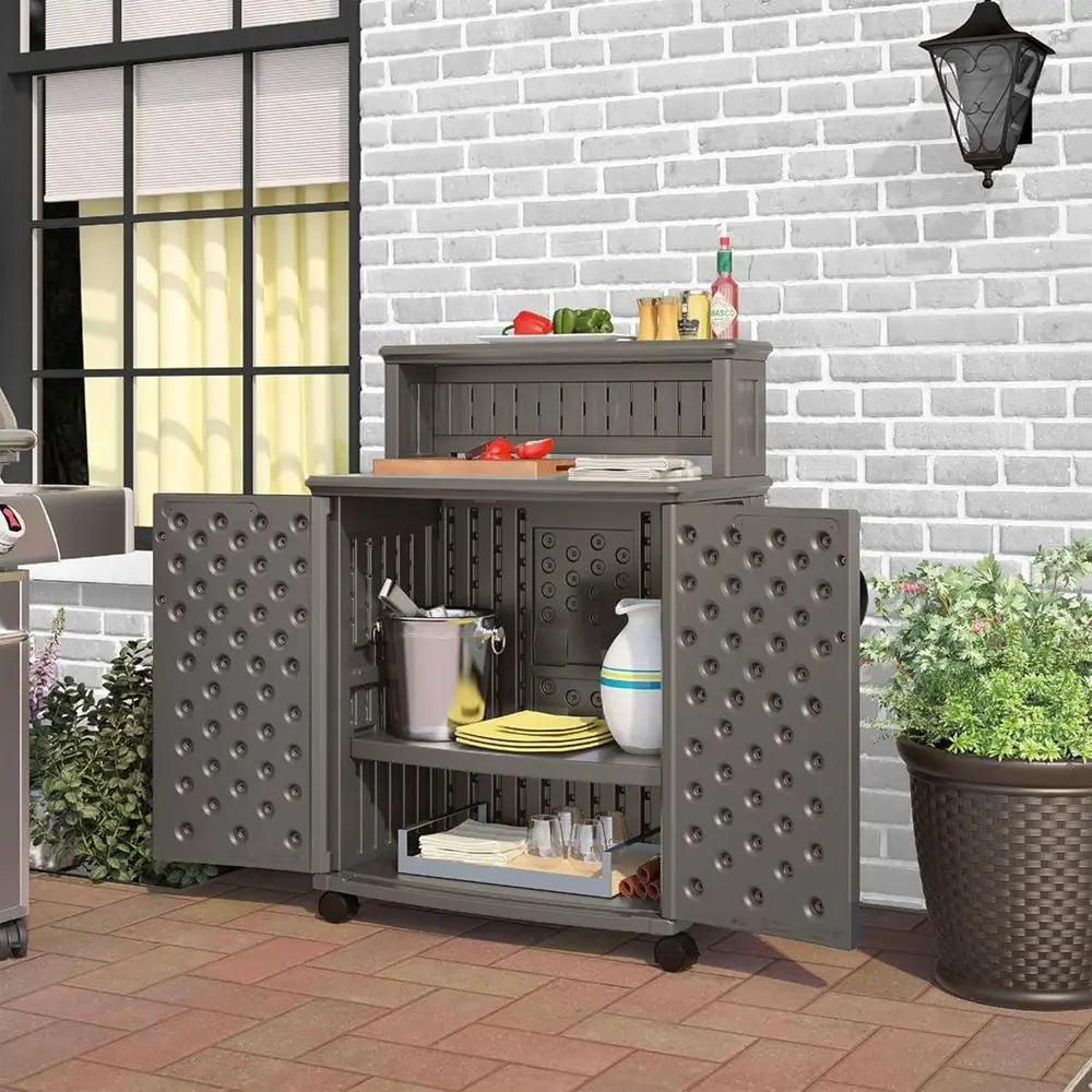 Patio Plastic Storage And Prep Station With Decorative Wicker Pattern