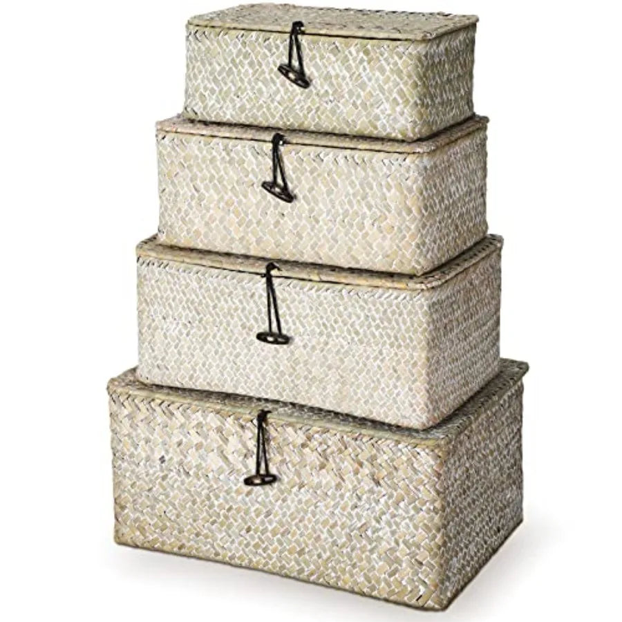 Wicker Baskets With Lids Natural Seagrass Storage Bins