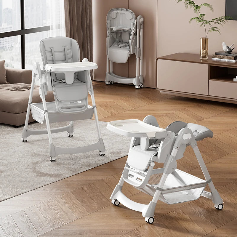 Foldable Baby High Chair PU Leather With 5 Point Harness