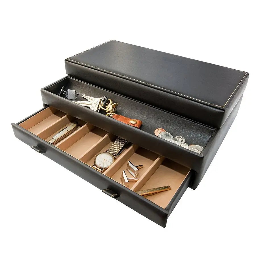 Mens Valet Tray And Jewelry Box Nightstand Organizer In Faux Leather