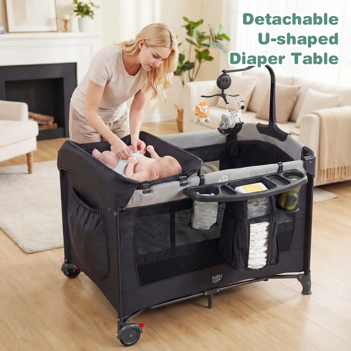Portable Baby Playard With U Shaped Diaper Changer Multifunction Bassinet