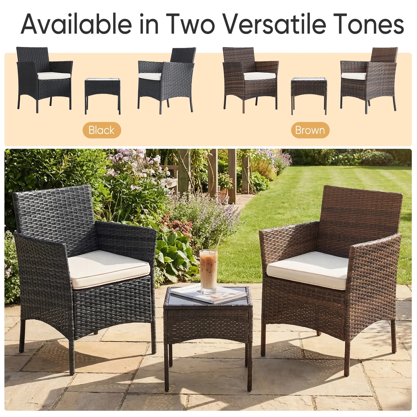 Outdoor Wicker Rattan Patio Set 3 Pieces With Glass Table