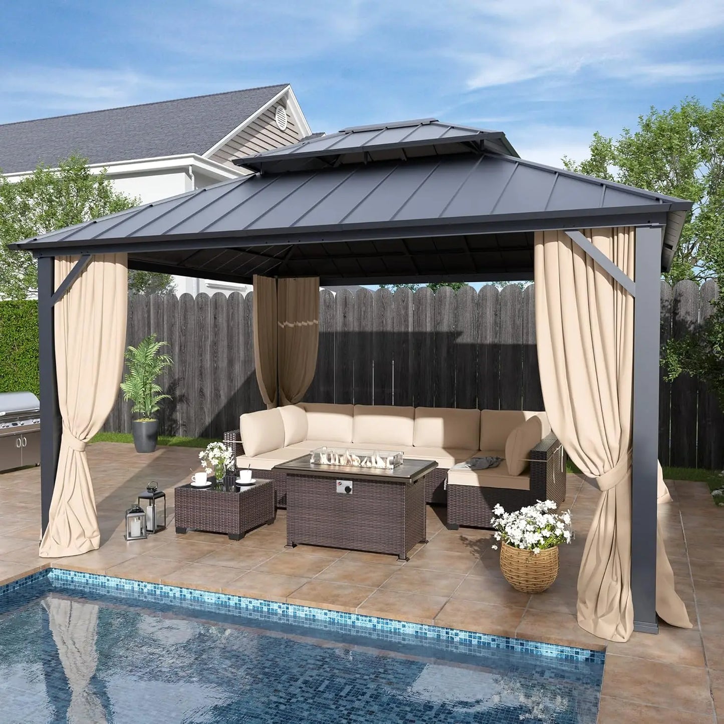 Hardtop Gazebo Steel Frame With Curtains And Netting For Patio