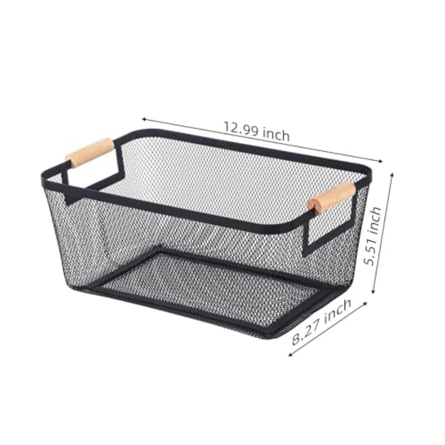 2-Pack Metal Mesh Baskets With Wood Handles Storage Organizer