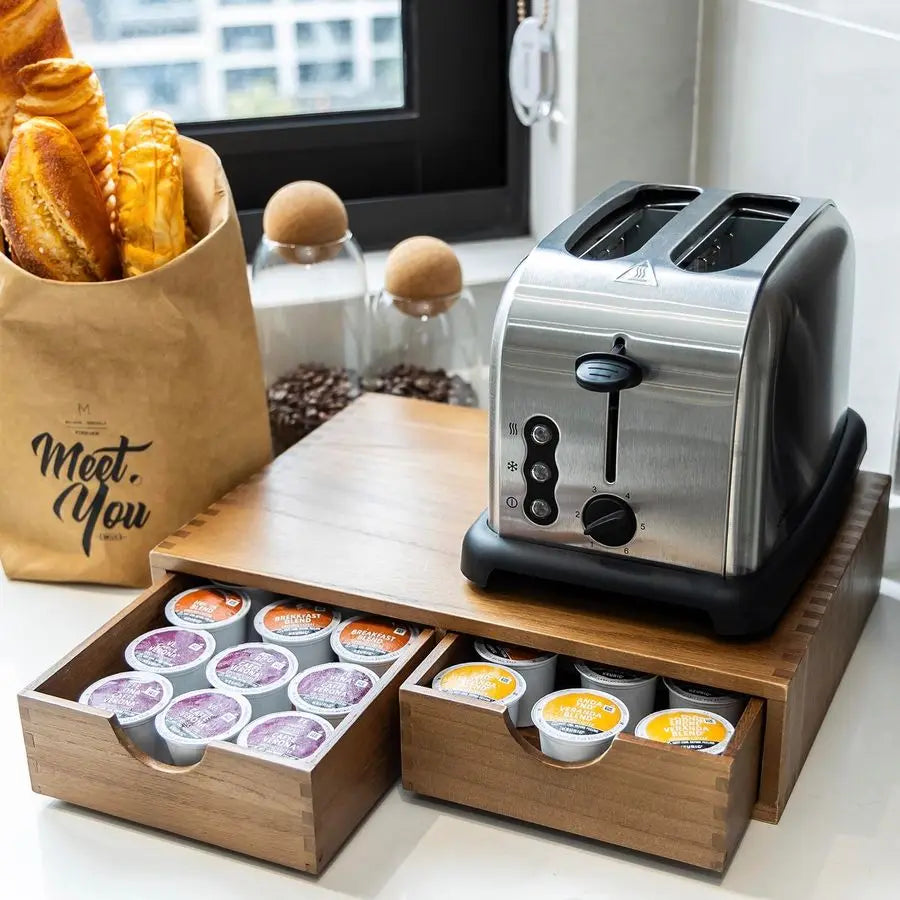 XMSJ K Cup Organizer Wood Coffee Pod Storage Box And Drawer