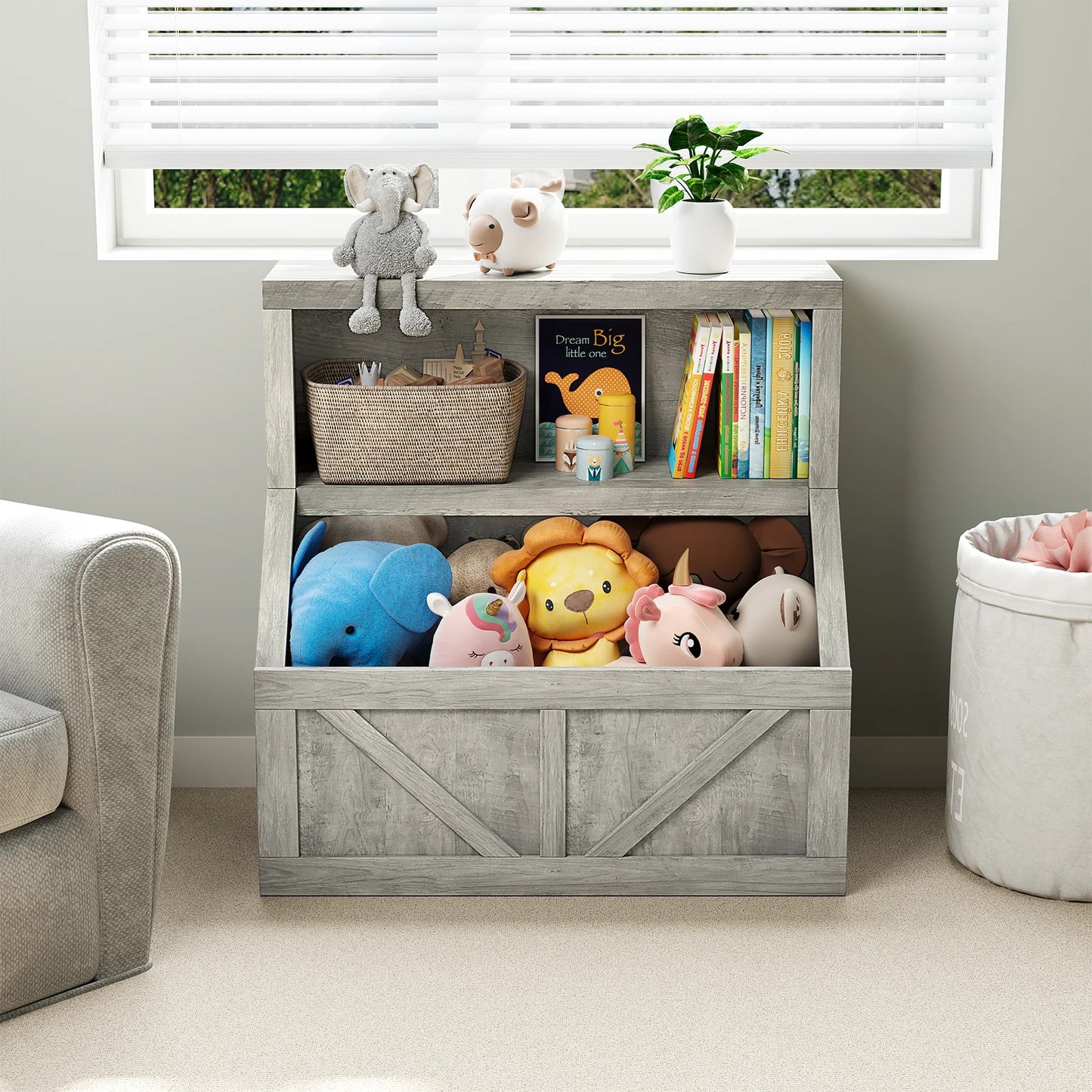 Kids Wooden Bookcase Organizer With Cubby Storage Shelf For Playroom
