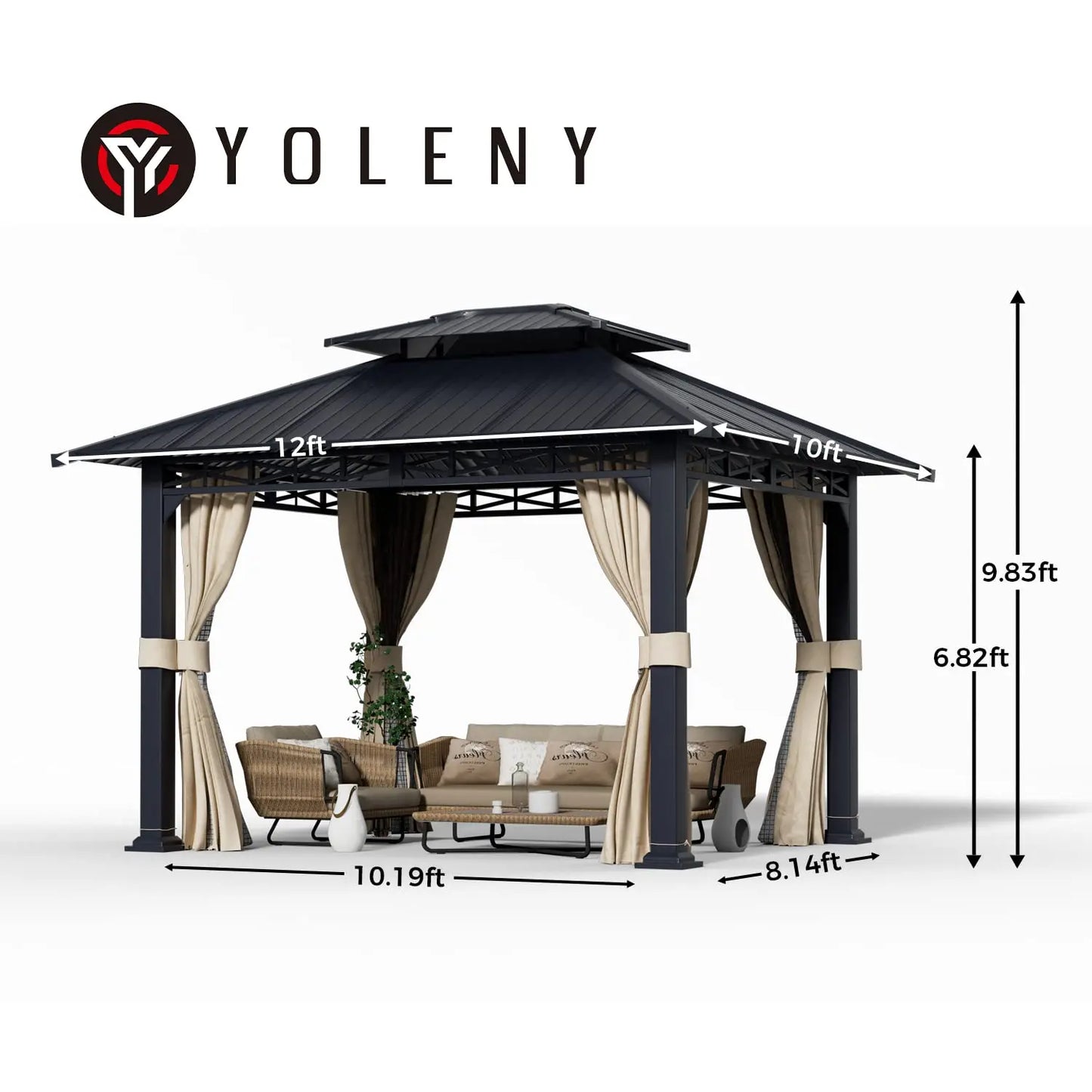Galvanized Steel Double Roof Gazebo Curtains Netting Sunshade Garden Patio