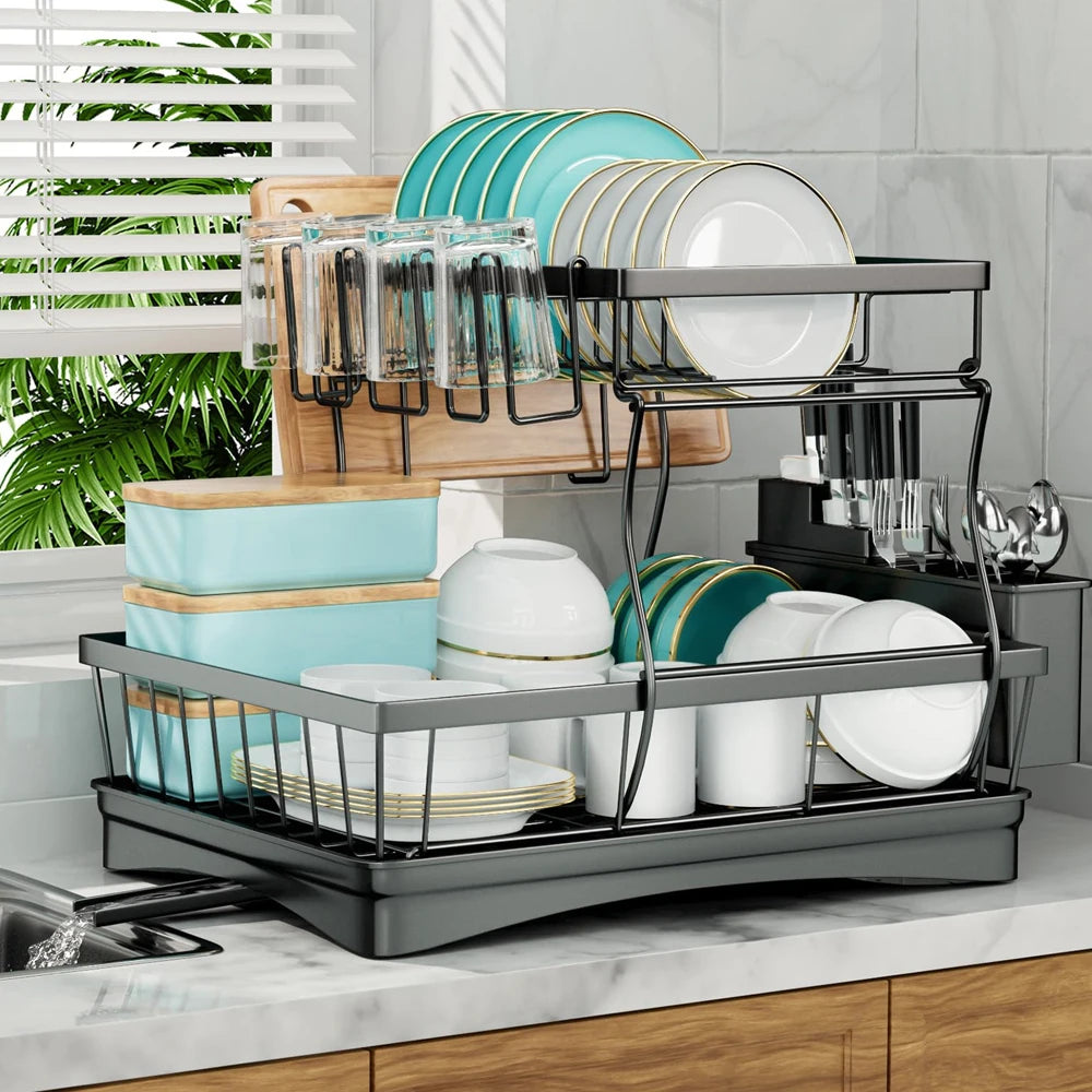 Two Tier Removable Dish Drying Rack For Kitchen Countertop