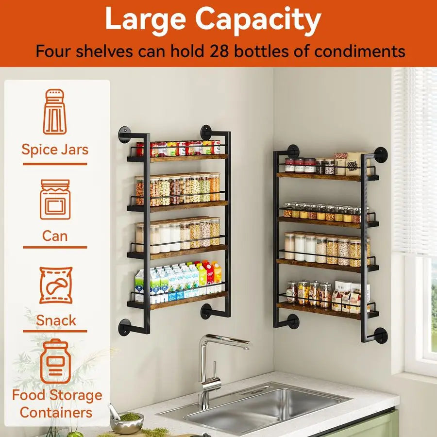 Wall Mount Spice Rack 4 Tier Organizer Holds 50 Jars