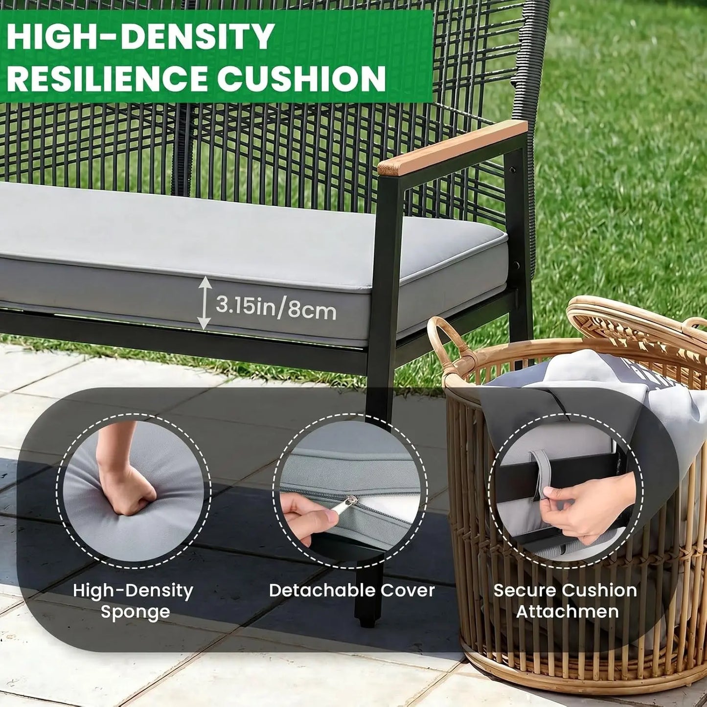 Outdoor 2 Seat Patio Bench Rattan Loveseat Curved Backrest Cushions