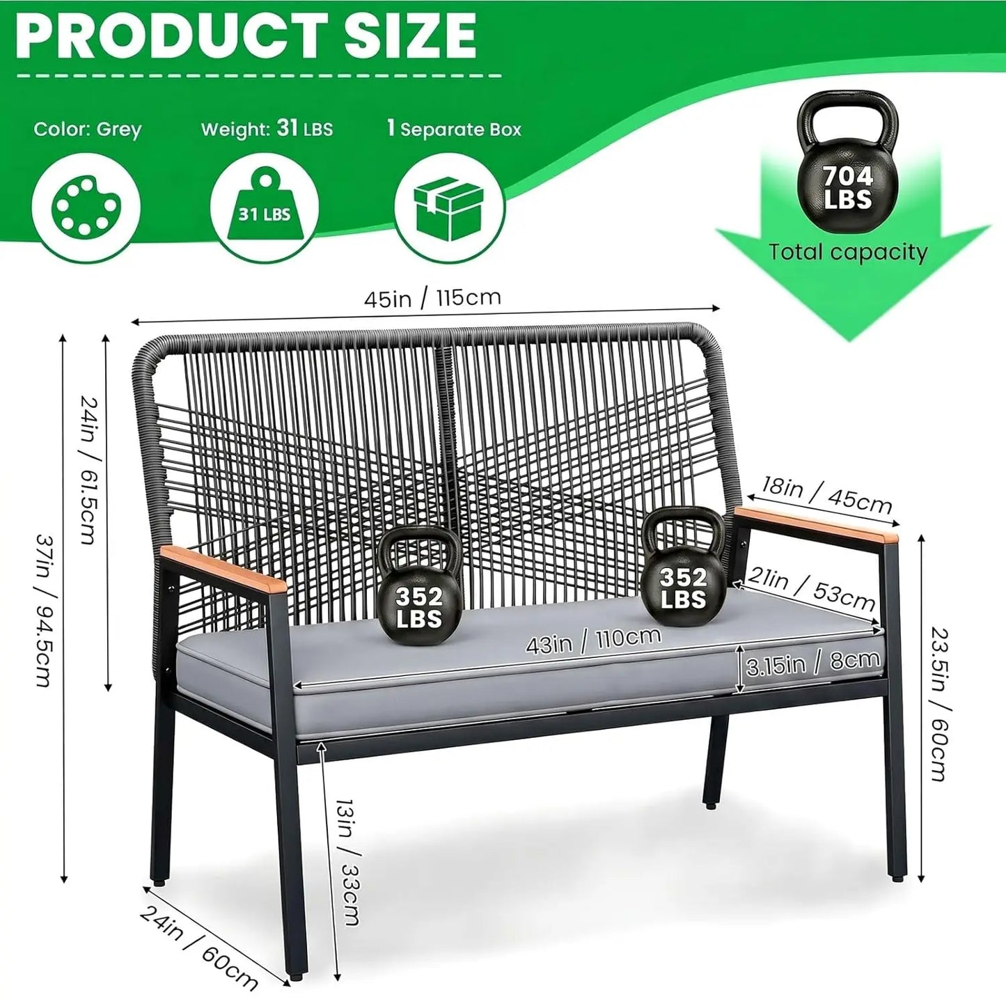 Outdoor 2 Seat Patio Bench Rattan Loveseat Curved Backrest Cushions