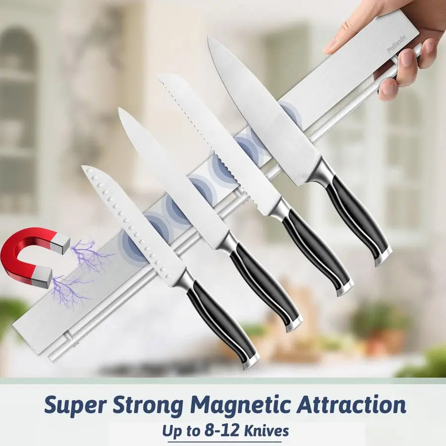 Magnetic Knife Holder Wall Mount Stainless Steel Knife Strip With Hooks No Drill