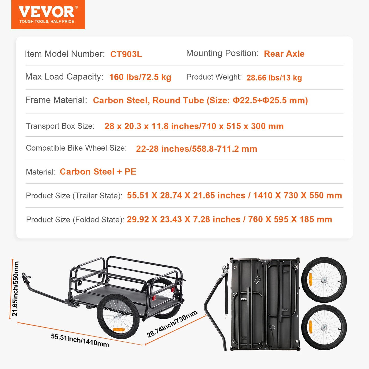 Bike Cargo Trailer Foldable 160 Lb With 16 Inch Wheels
