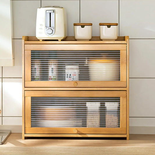 Two Tier Bamboo Kitchen Storage Cabinet With Clear Sliding Doors