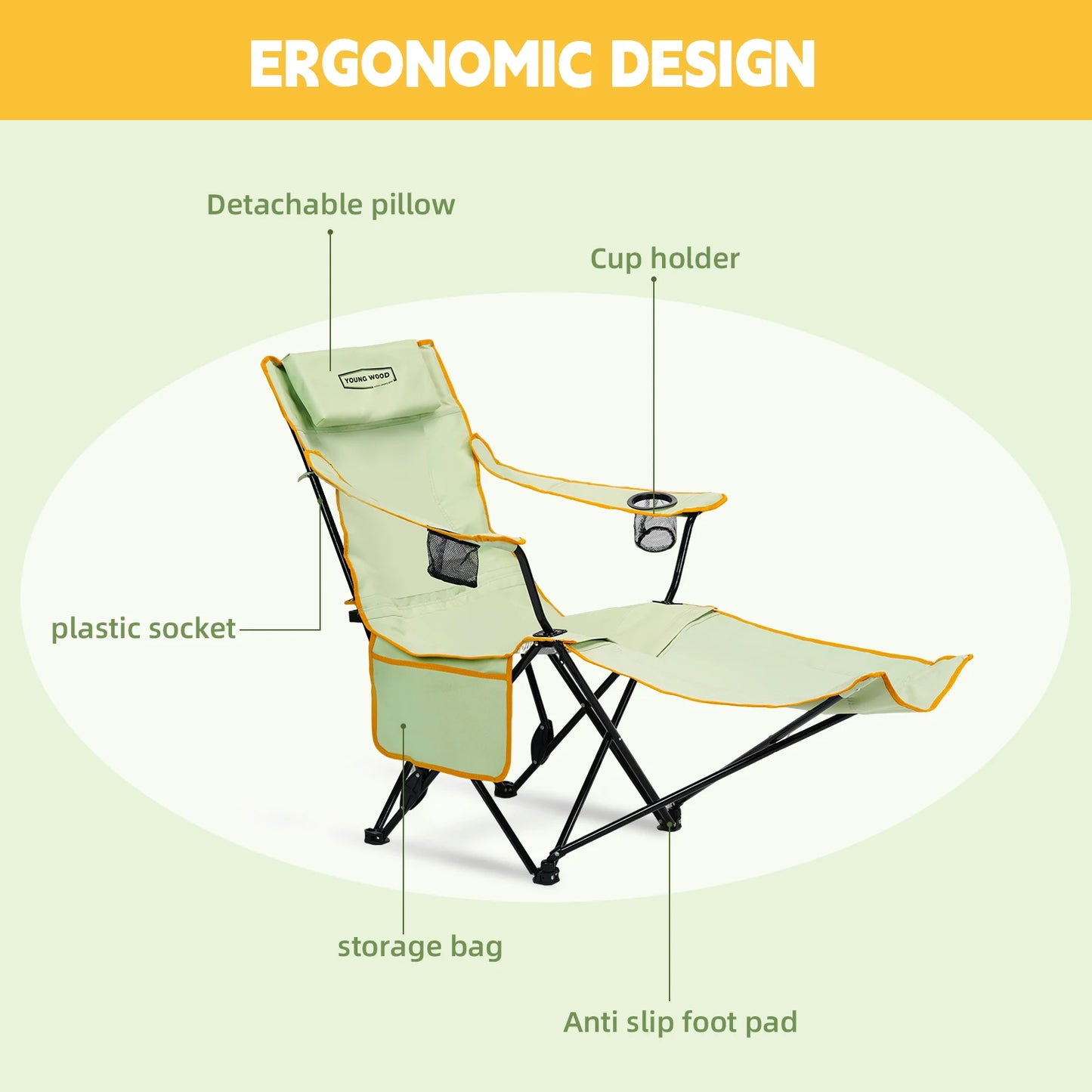 GERC Foldable 2-In-1 Reclining Camping Chair With Footrest Cup Holder