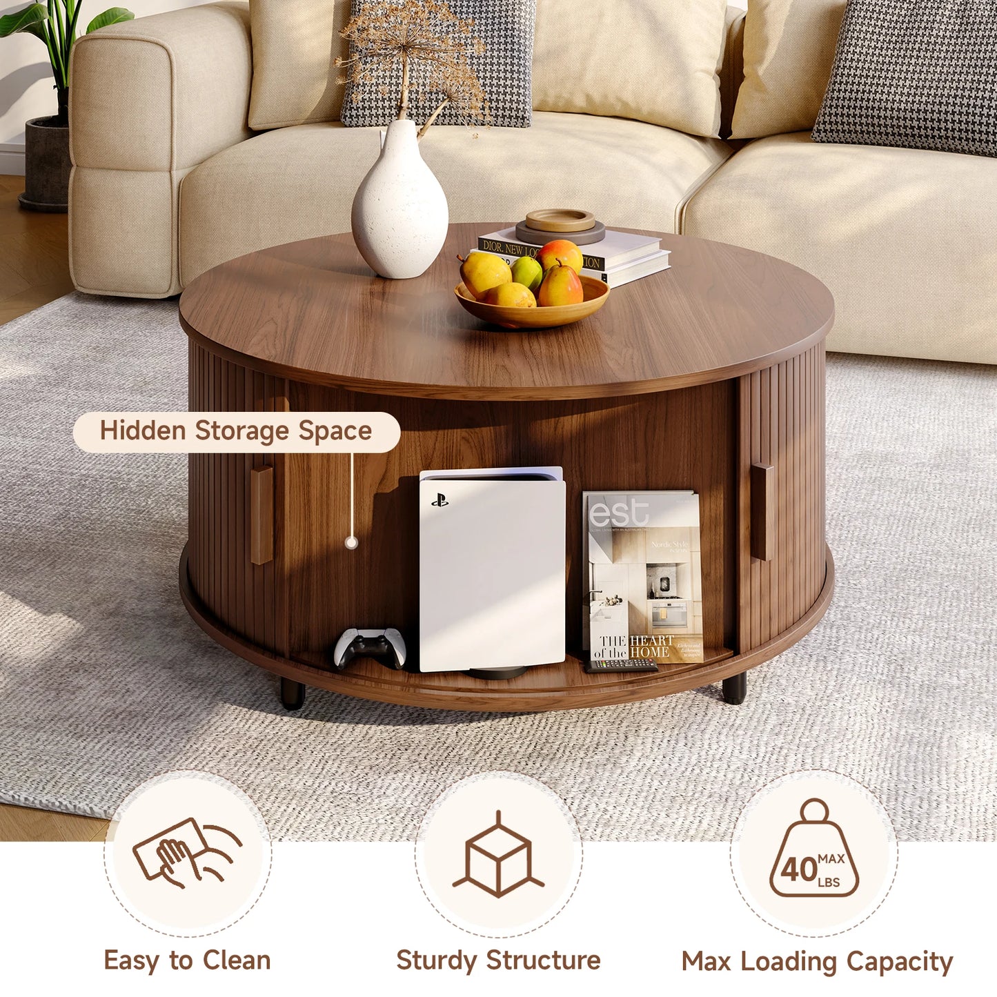 ONBRILL Modern Round Coffee Table With Storage And Sliding Door