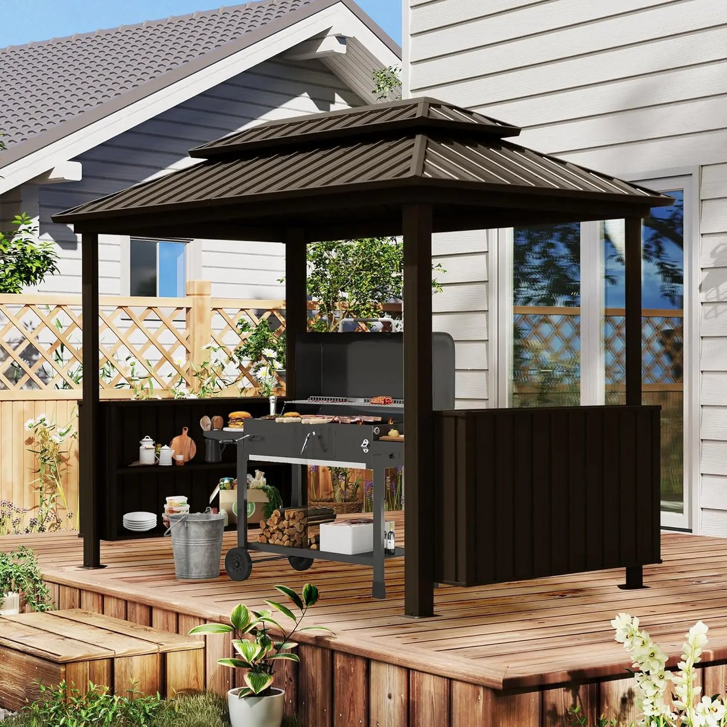 Galvanized Steel Grill Gazebo With Double Roof And Storage Cabinets