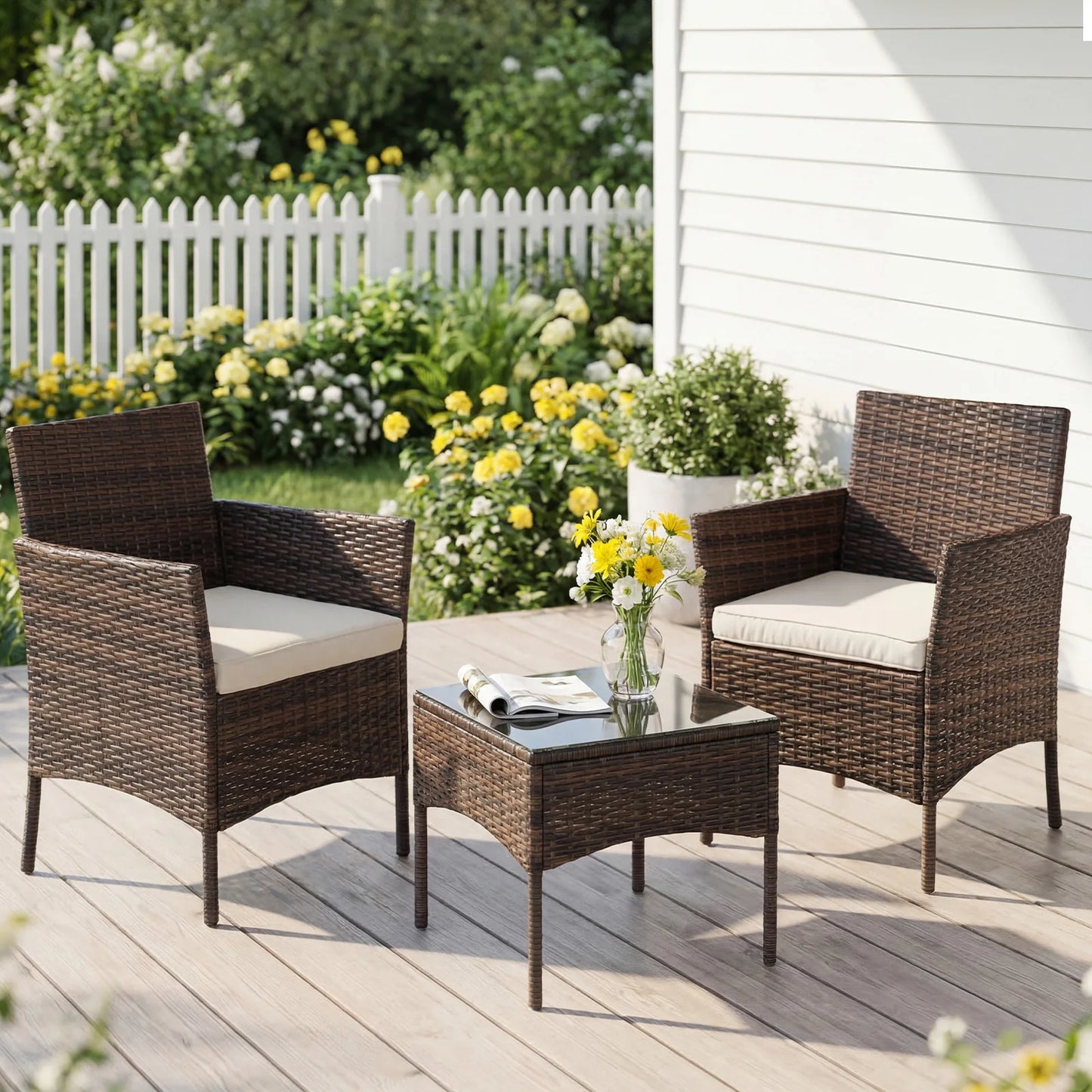 Outdoor Wicker Rattan Patio Set 3 Pieces With Glass Table