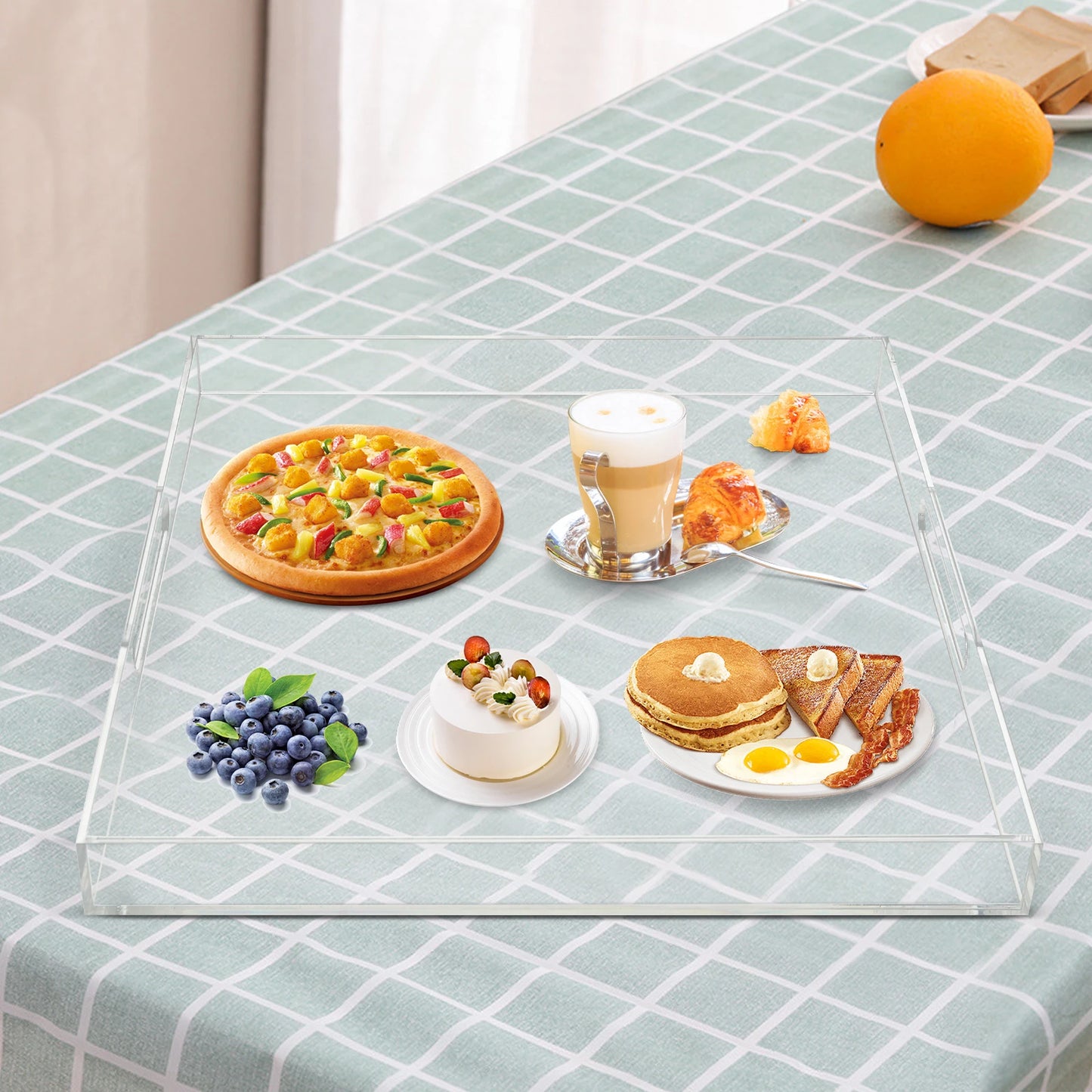 Transparent Acrylic Square Serving Tray With Handles For Dining Table