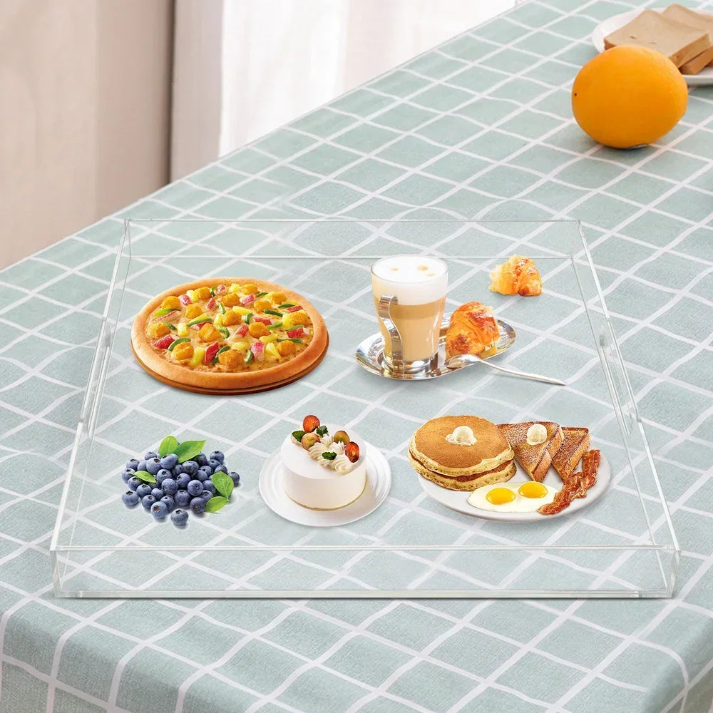 Transparent Acrylic Square Serving Tray With Handles For Dining Table