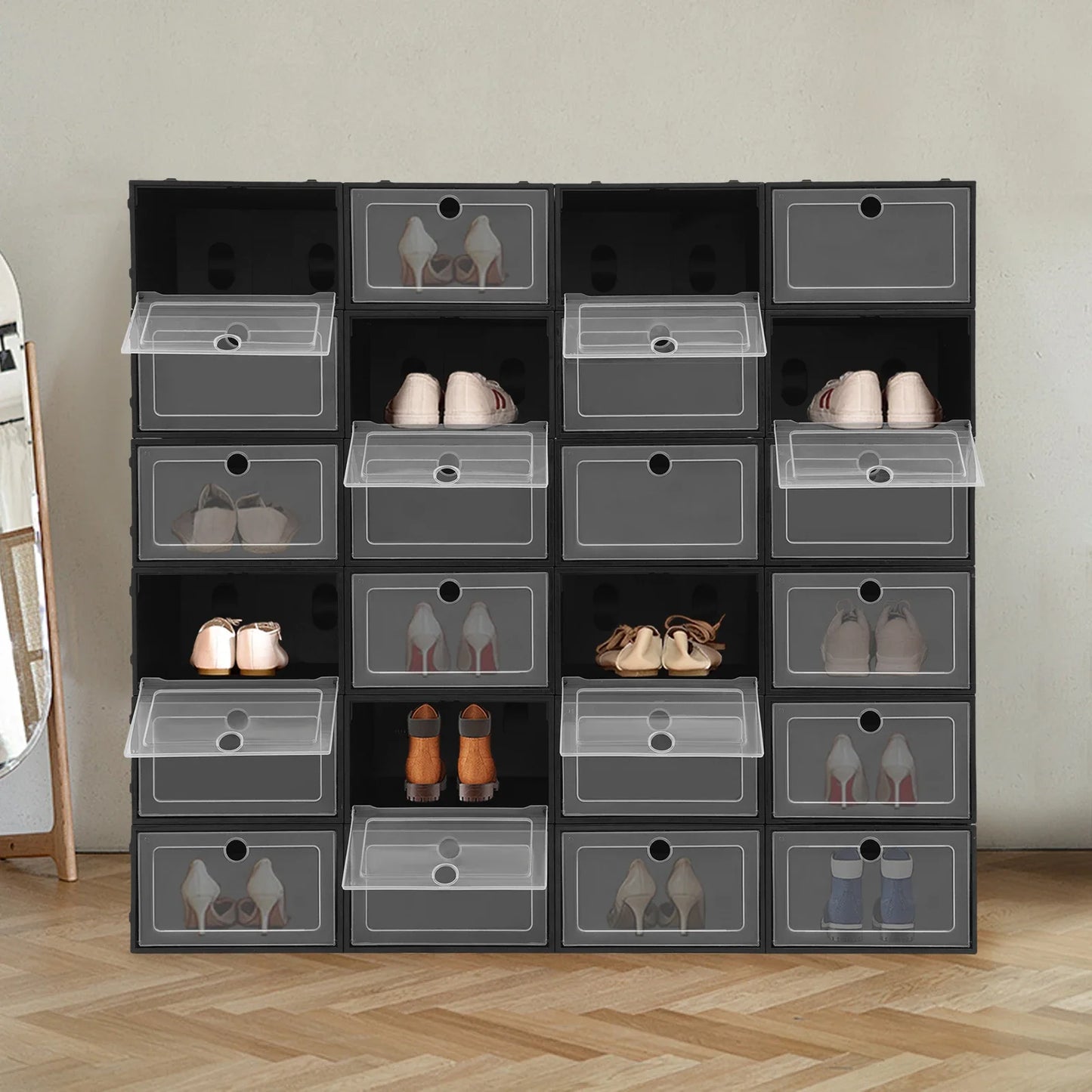 24 Pack Flip Top Shoe Boxes Stackable Closet Organizer For Shoes