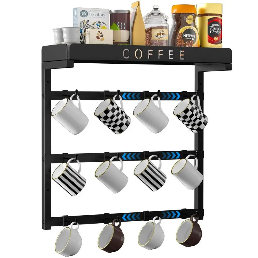 XMSJ Mug Holder Wall Mount With 12 Movable Hooks And Top Shelf
