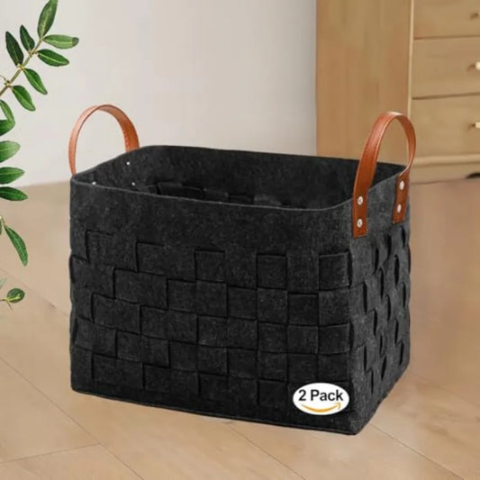 Felt Blanket Basket 2 Pack With Leather Handles