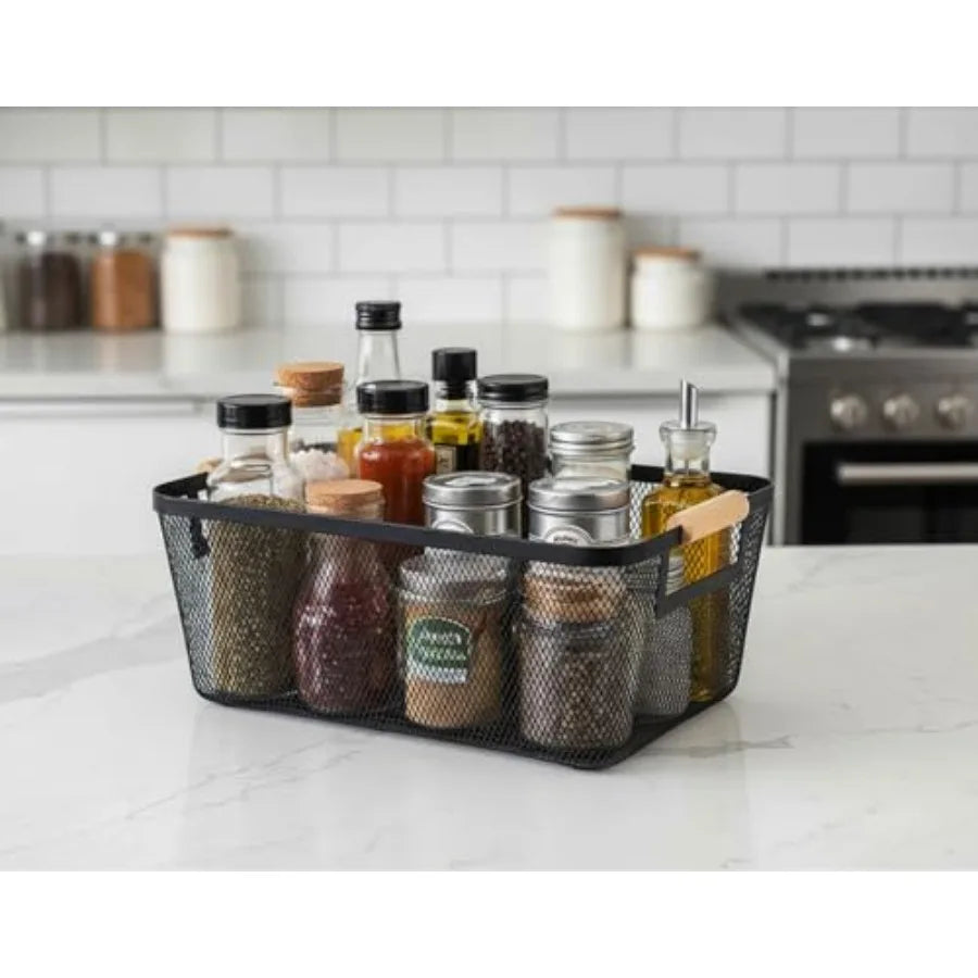 2-Pack Metal Mesh Baskets With Wood Handles Storage Organizer