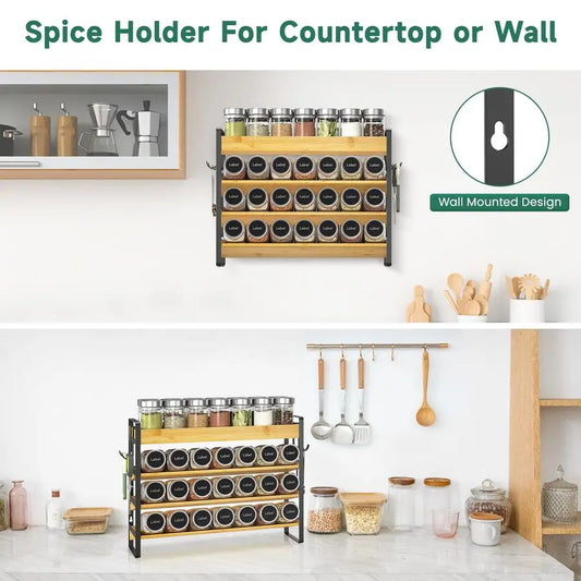 Bamboo Spice Rack Organizer For Kitchen Countertop 4 Tier With Hooks