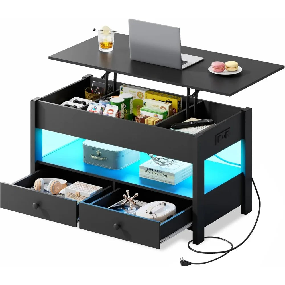 WLIVE Lift Top Coffee Table With 2 Drawers LED Light