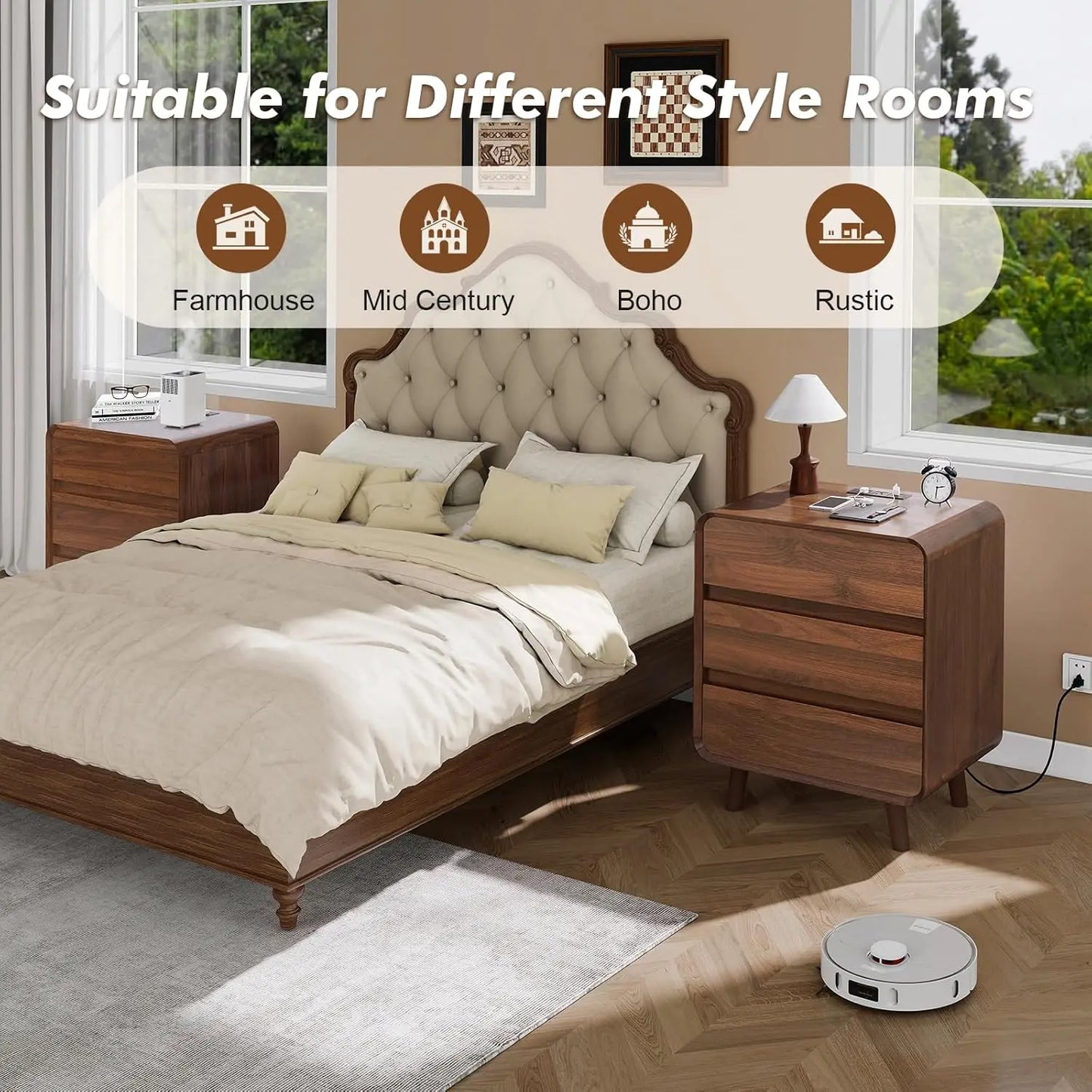 3 Drawer Nightstands Set Of 2 With Charger Station